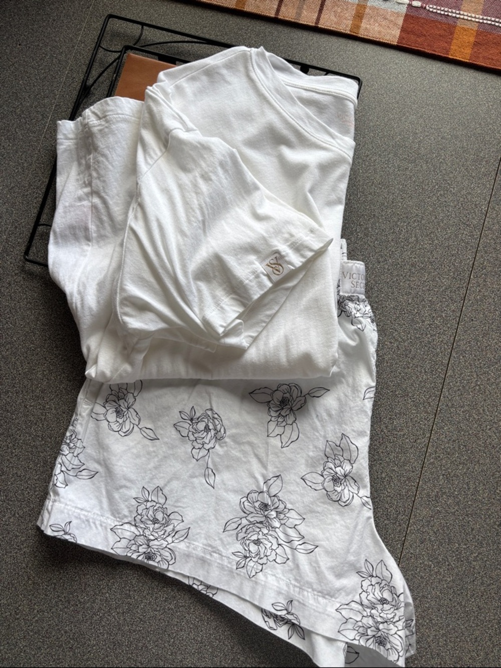 Victoria's Secret White Pajama Set with Black Floral Line Print